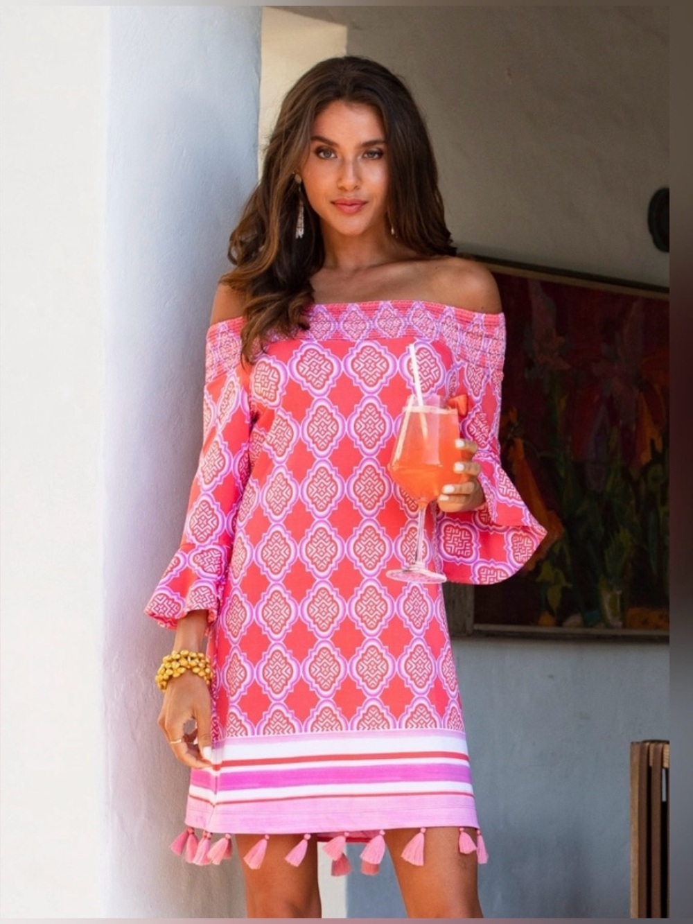 NWT. Cabana Life Coral Geo Off The Shoulder dress. Size XL.
